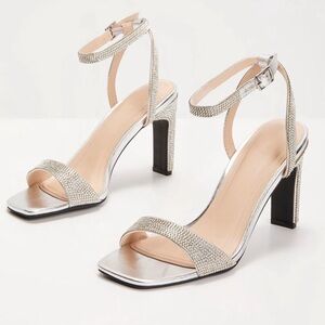 Vici Silver Rhinestone Ankle-Strap Block Heels bling